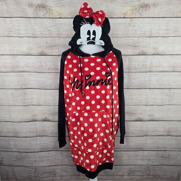 Disney Minnie Mouse Hooded Sweatshirt Lounge Red White Polka Dots Minnie Ears M - Picture 7 of 8
